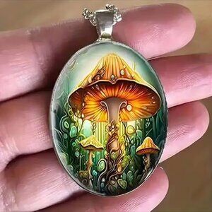 Silver Oval Shaped MUSHROOM Pendant Necklace